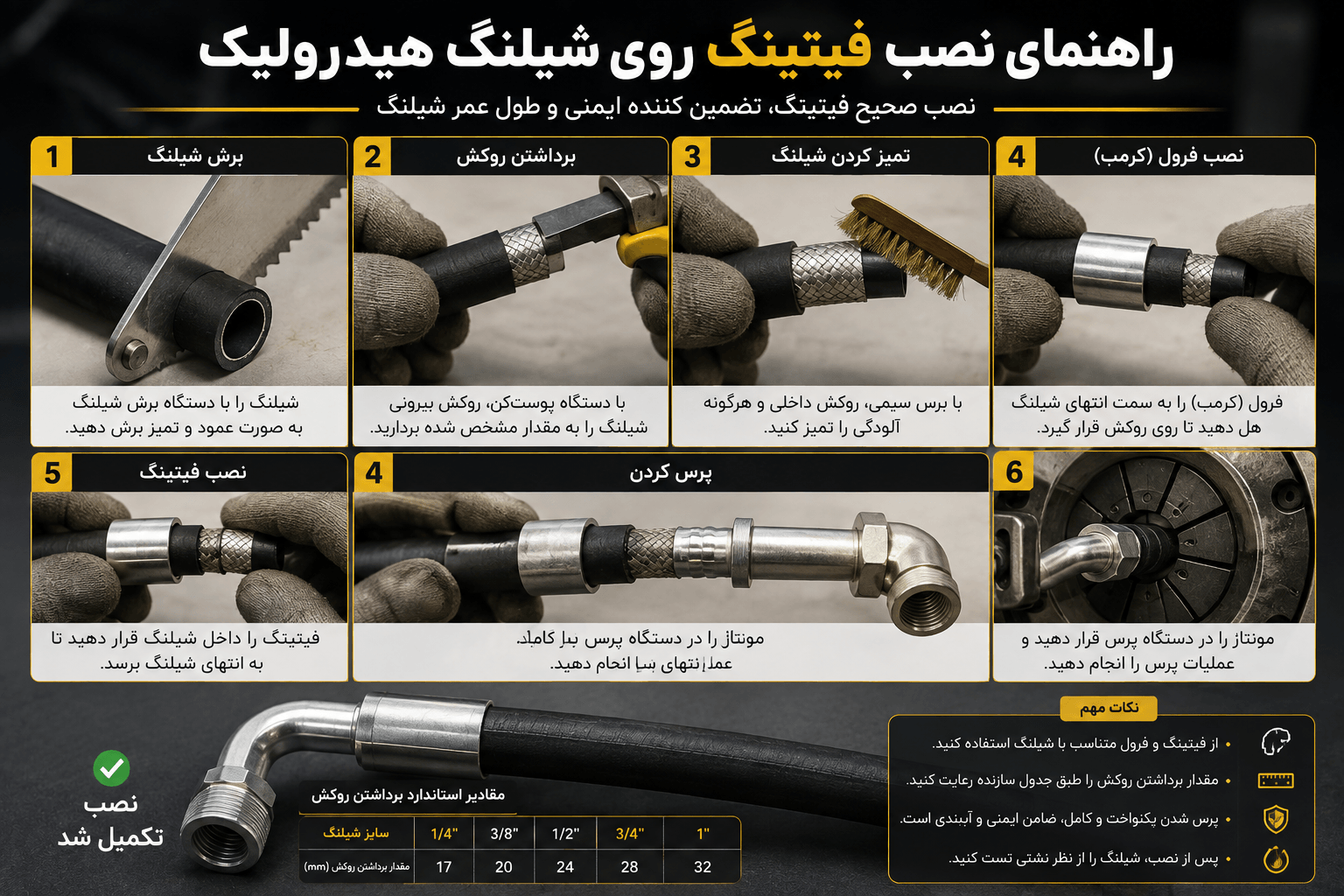 راهنمای نصب فیتینگ روی شیلنگ هیدرولیک